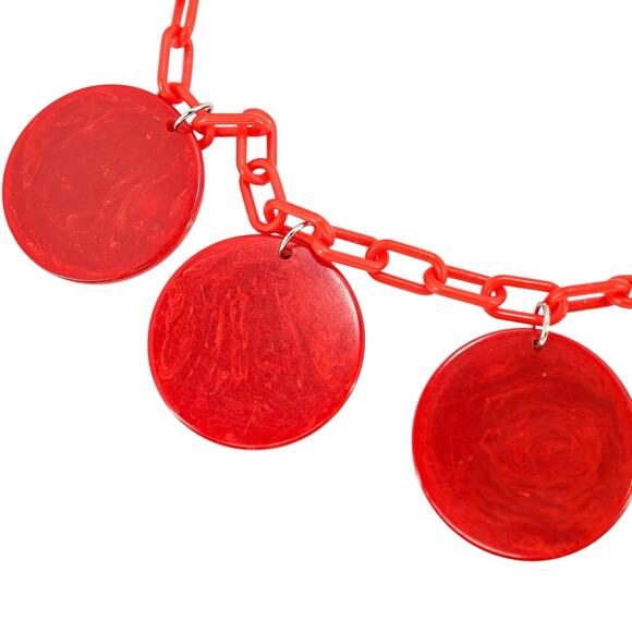 Bold Vintage Large Marbled Red Disk Bakelite Necklace Plastic Chain Geo Mod Read - Picture 8 of 13